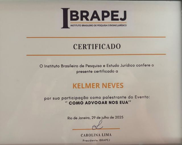 Certificado, Instituto Brasileiro de Pesquisa e Estudo Jurídico (IBRAPEJ), ponente en el evento "Como advogar nos EUA" (29 de julio de 2025)