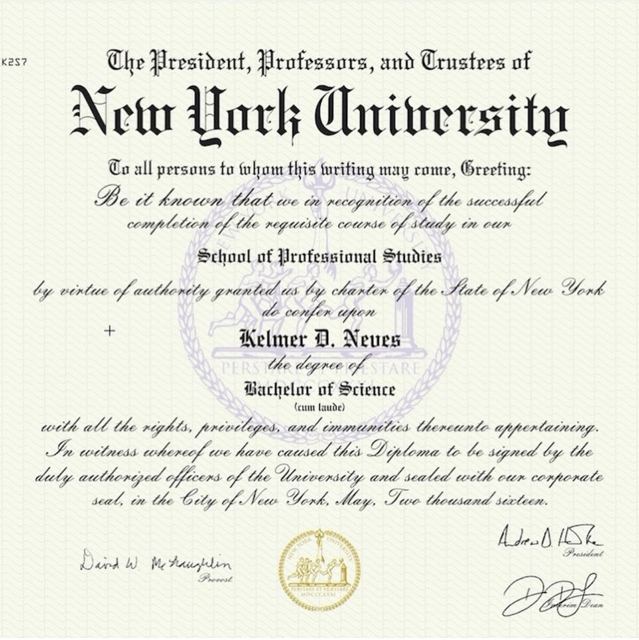 Diploma de Bachelor of Science, New York University, School of Professional Studies (2016)