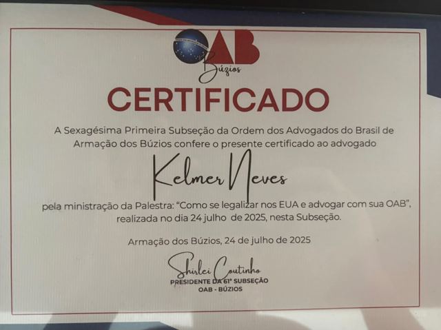 Certificado, OAB, 61.ª Subsección (Armação dos Búzios), charla "Como se legalizar nos EUA e advogar com sua OAB" (24 de julio de 2025)