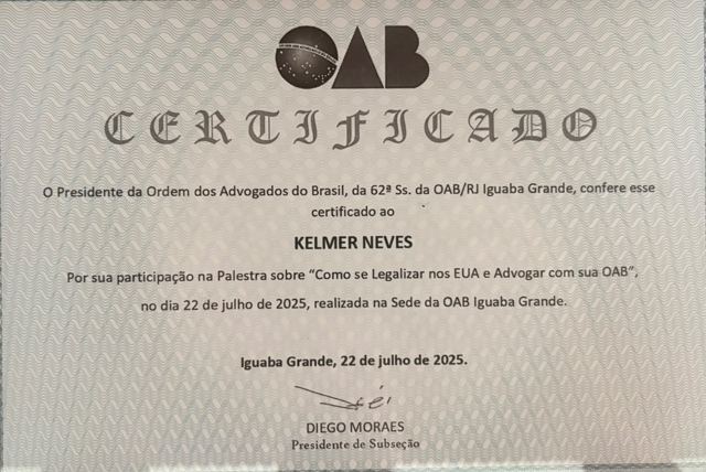 Certificado, OAB/RJ, 62.ª Subsección (Iguaba Grande), charla "Como se Legalizar nos EUA e Advogar com sua OAB" (22 de julio de 2025)