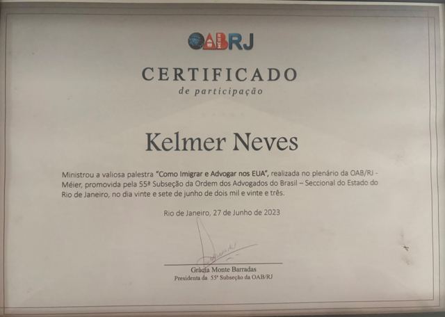 Certificado de participación, OAB/RJ, 55.ª Subsección (Méier), charla "Como Imigrar e Advogar nos EUA" (27 de junio de 2023)