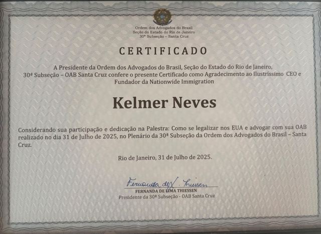 Certificado de agradecimiento, OAB/RJ, 30.ª Subsección (Santa Cruz), charla "Como se legalizar nos EUA e advogar com sua OAB" (31 de julio de 2025)