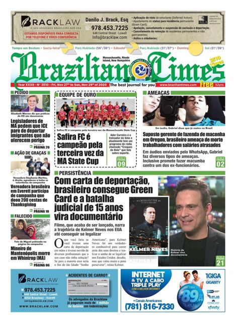 Brazilian Times, portada (27 de noviembre de 2020)