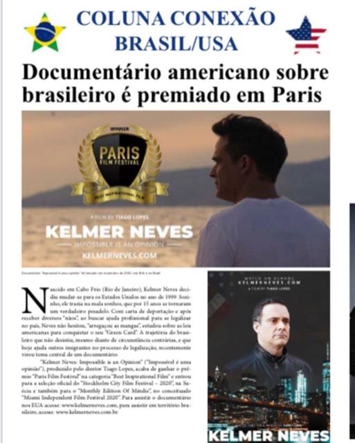 Coluna Conexão Brasil/USA, "Documentário americano sobre brasileiro é premiado em Paris"