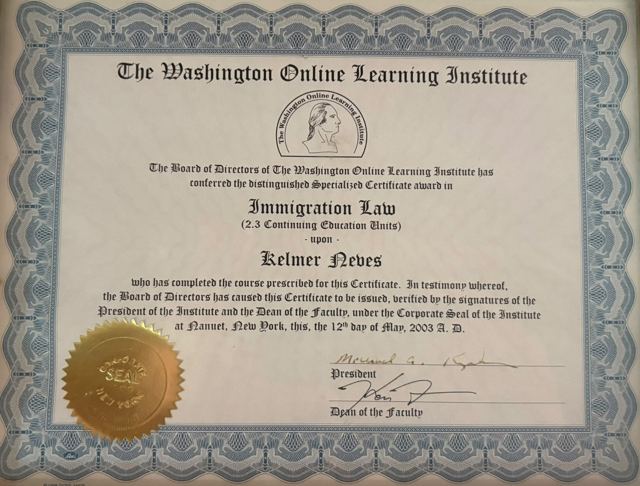 Certificado en Derecho Migratorio, Washington Online Learning Institute (2003)